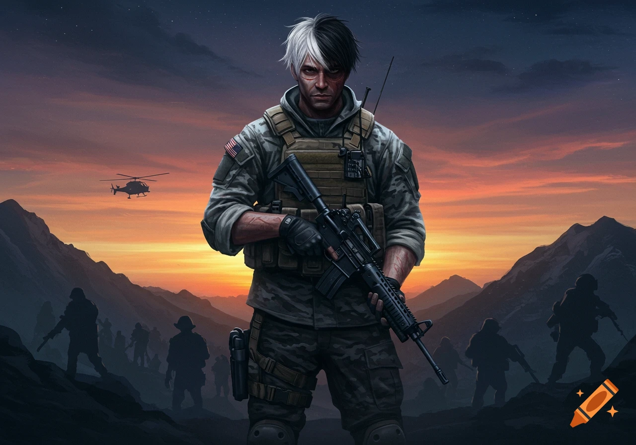 A determined soldier with black and white hair stands ready with a rifle, silhouetted against a dramatic mountain sunset with a helicopter and other soldiers.