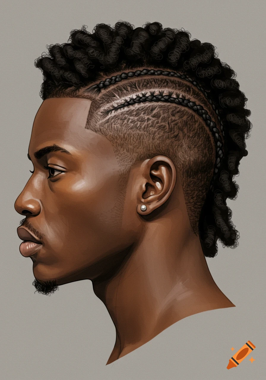 Profile illustration of an African American man with a twist mohawk, cornrows, and a pearl earring.