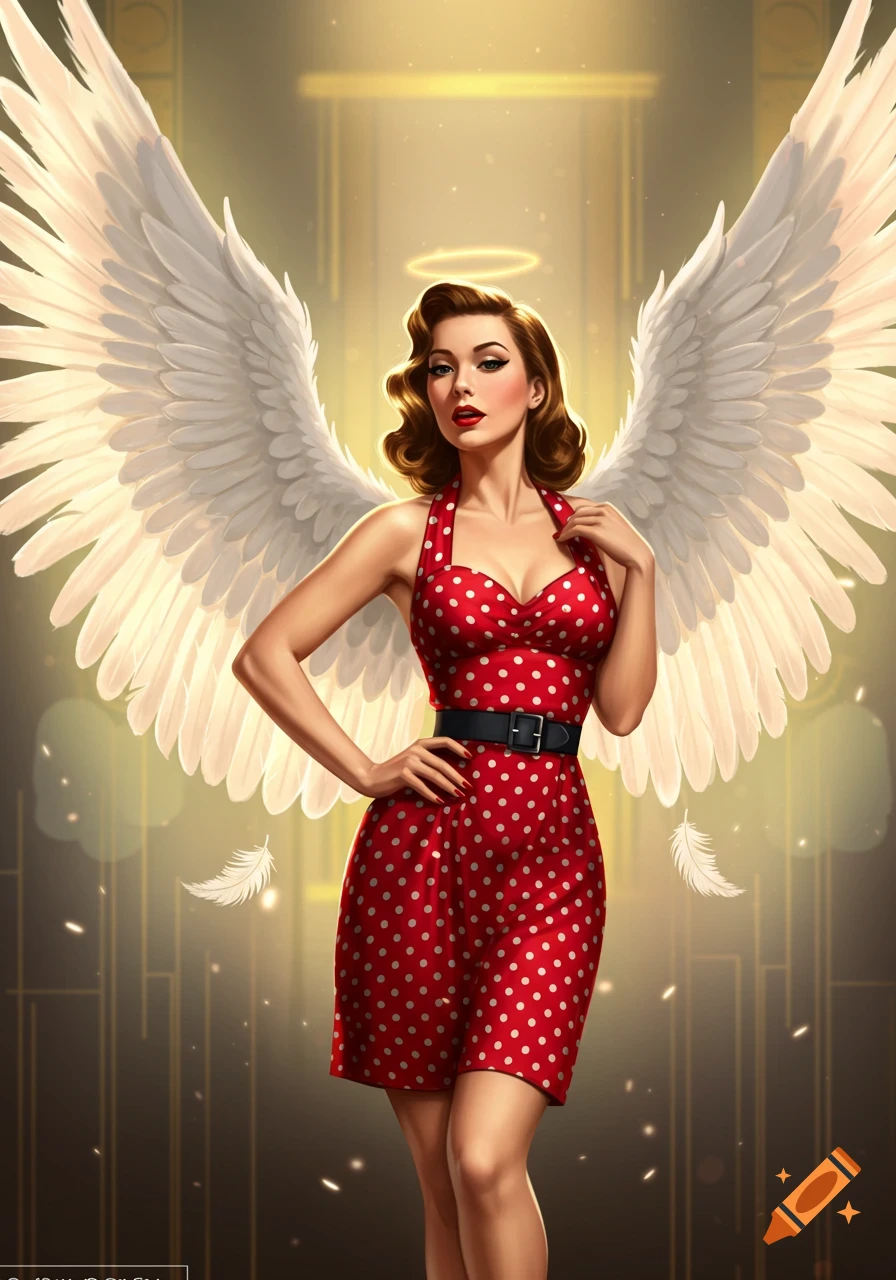 A beautiful woman with large white wings and a halo, dressed in a red polka dot 1950s-style pin-up dress.