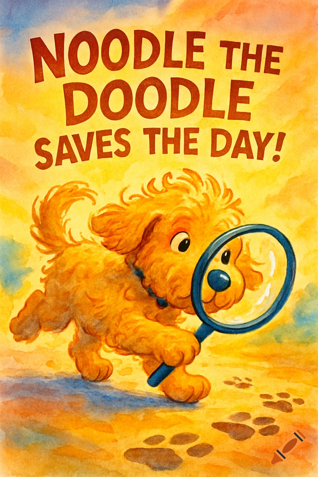 A golden doodle puppy with a magnifying glass follows paw prints under the title 'NOODLE THE DOODLE SAVES THE DAY!' in a vibrant watercolor style.