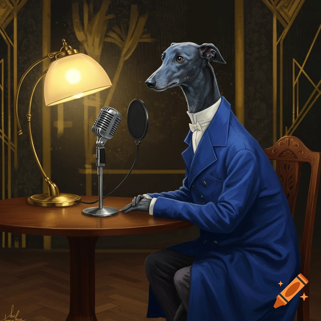 An anthropomorphic greyhound in a blue suit and bow tie sits at a table with a vintage microphone and illuminated lamp, in an art deco style illustration.
