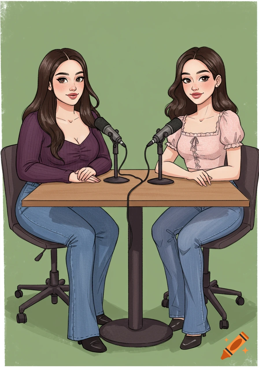 Digital illustration of two young women with dark hair, one in purple and one in pink, sitting at a table with microphones for a podcast.