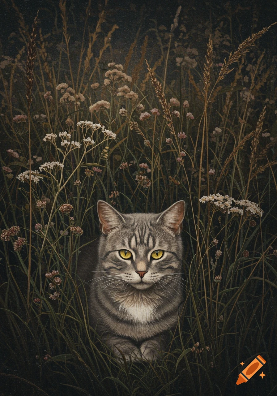 An oil painting of a gray tabby cat with yellow-gold eyes peering through tall grass and wildflowers.
