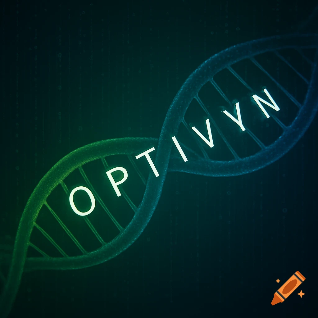 Glowing green and blue DNA strand with 'OPTIVYN' text woven into it, against a dark background with digital code.