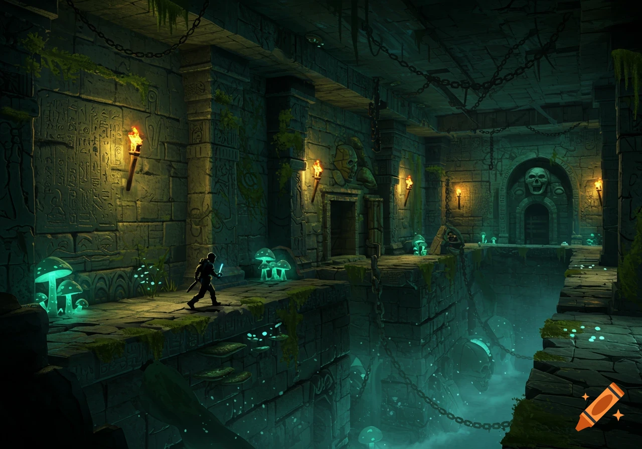 A hero with a glowing sword walks through a dark, mossy fantasy dungeon with torches, carved walls, and glowing mushrooms.