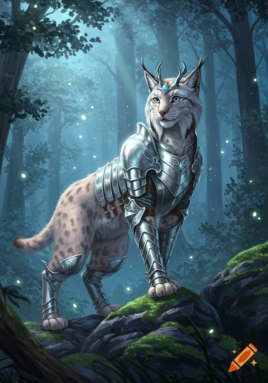 A majestic pale lynx in shining silver armor stands on a mossy rock in a mystical forest.