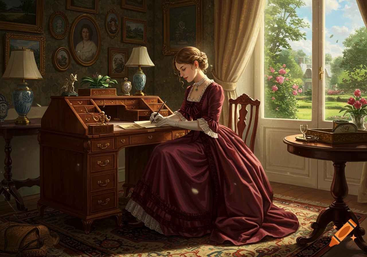 A painting of a Victorian woman in a maroon dress writing at a wooden desk by a sunlit window overlooking a garden.