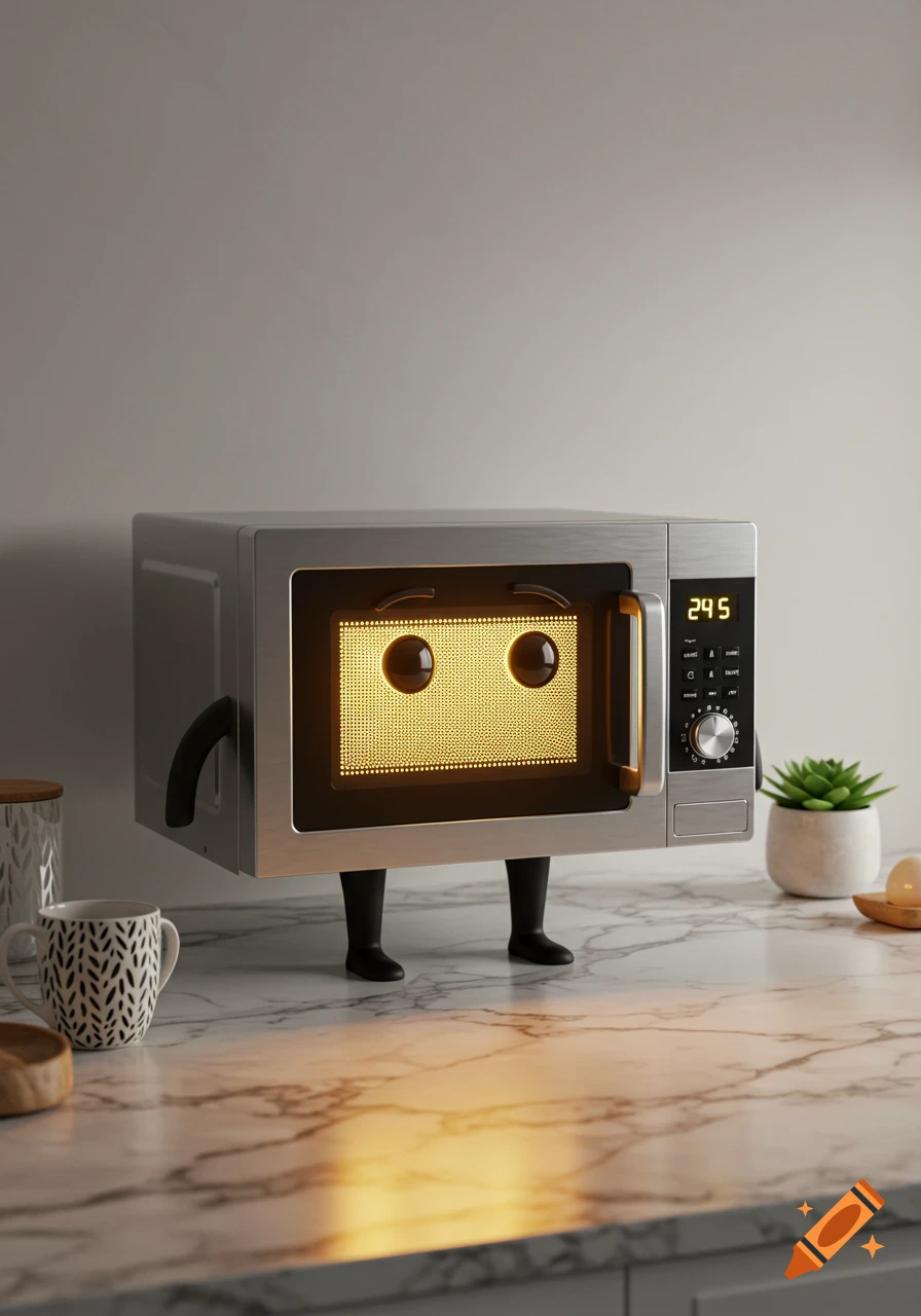 A photorealistic, anthropomorphic microwave with glowing eyes and legs on a marble kitchen counter.
