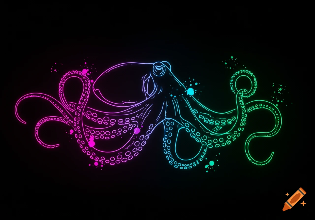 A neon line drawing of an octopus with tentacles in shades of pink, blue, and green, against a black background with colorful splatters.