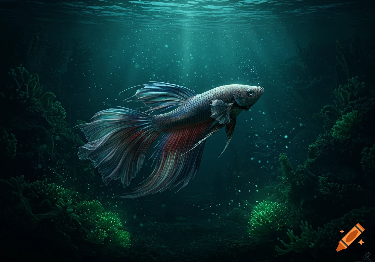A vibrant blue and red betta fish swims gracefully in a dark blue-green underwater scene with light rays and glowing coral.