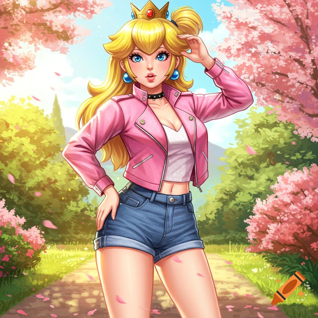 Anime-style Princess Peach in a pink jacket and denim shorts standing on a path in a park with cherry blossoms.