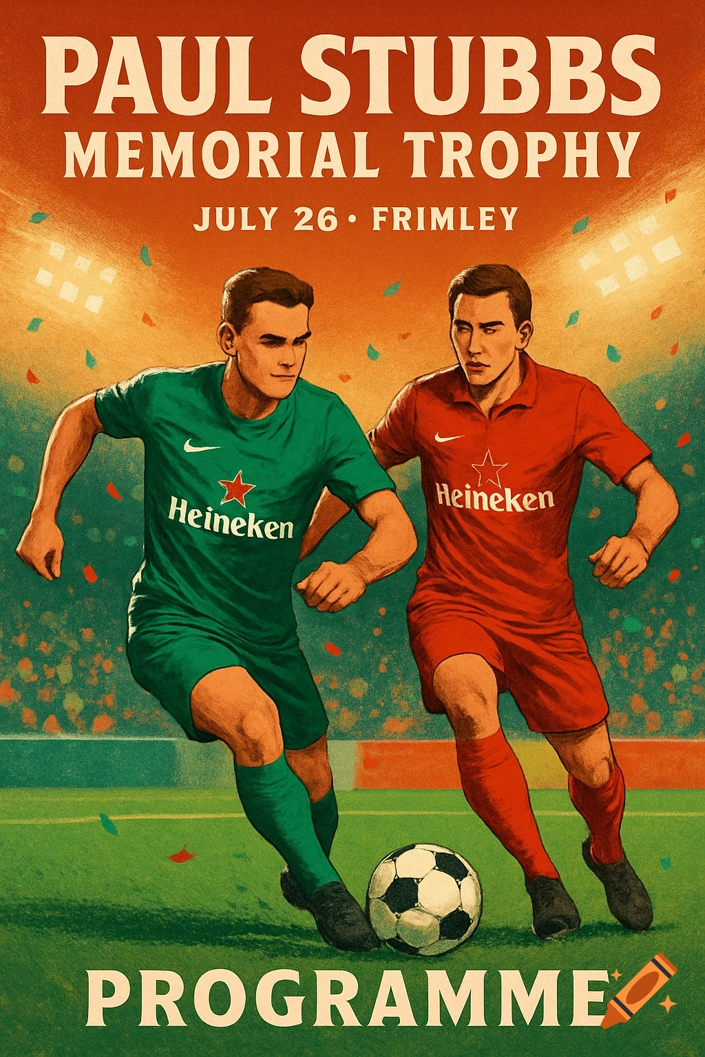 A retro-style poster for the Paul Stubbs Memorial Trophy soccer match featuring two players and event details.
