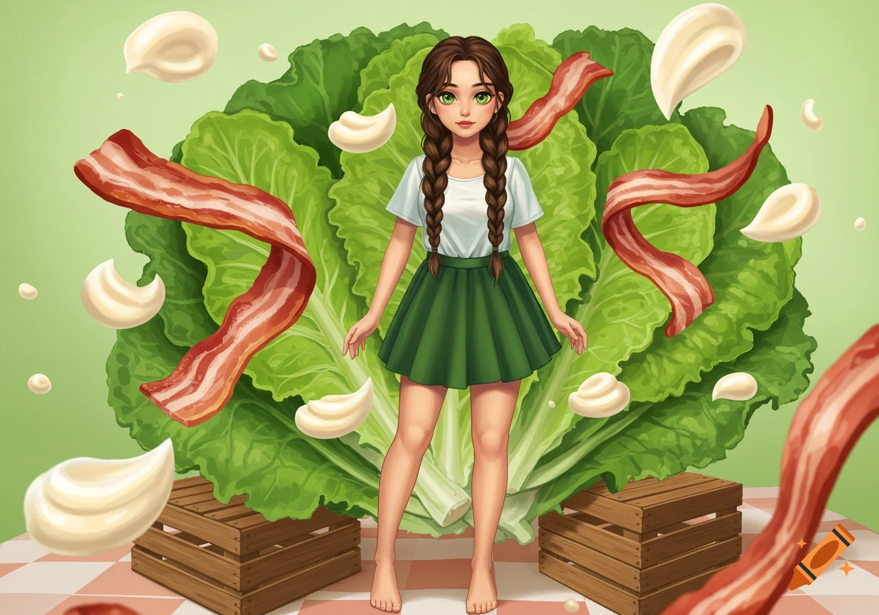 An anime-style girl with braids, wearing a white shirt and green skirt, stands in front of a giant lettuce, surrounded by floating bacon and mayonnaise, in a vibrant illustration.