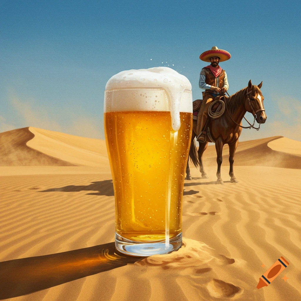 A large glass of foamy yellow beer sits on the sand in a desert with a cowboy on horseback in the background.