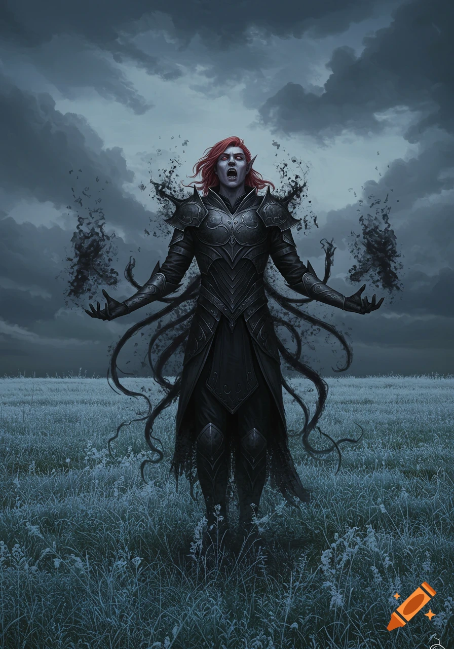 A red-haired male elf in black armor transforms in a windswept field at twilight, dark tendrils emanating from him under stormy skies.