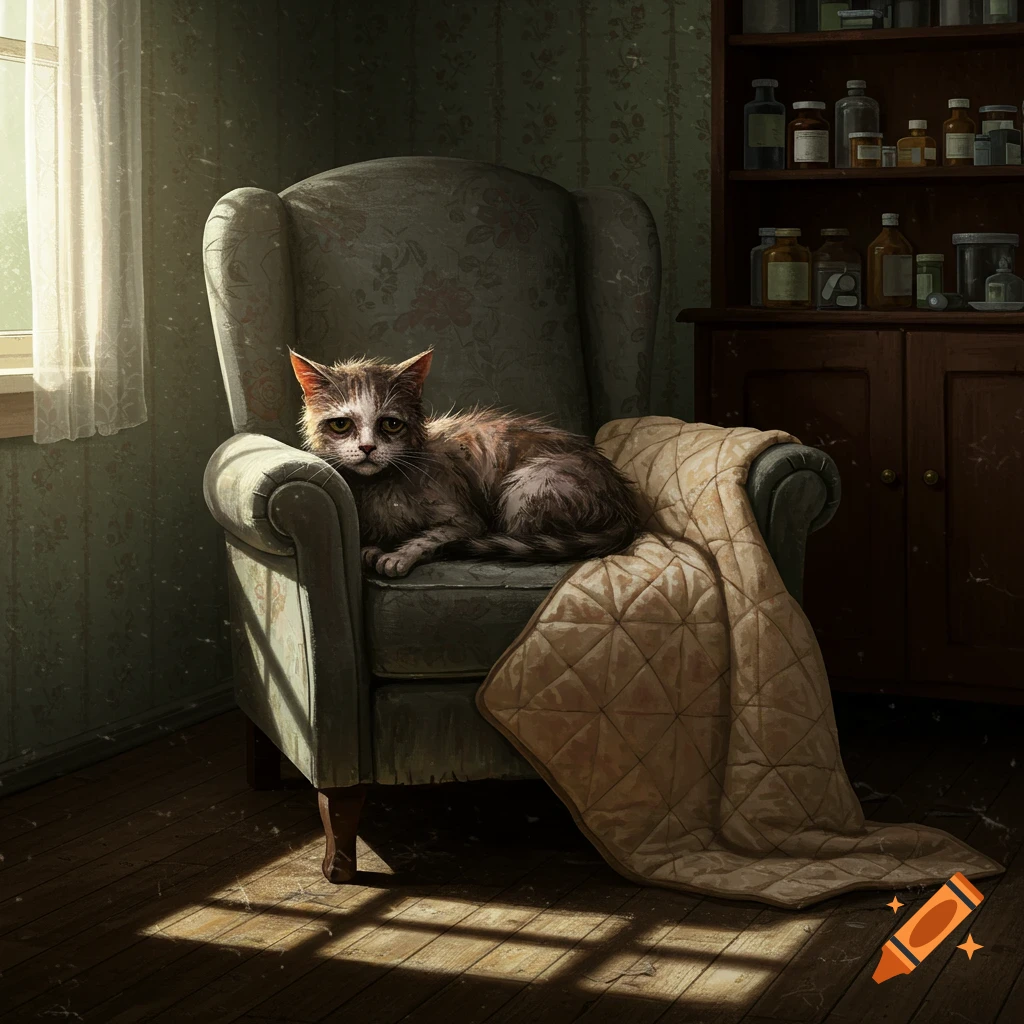 A sad-looking, matted cat with wet eyes sits on an old armchair in a dimly lit room with a patterned wall and a window.