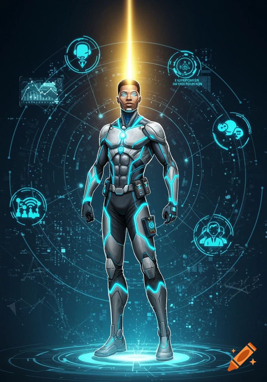 A man in a futuristic white and blue superhero suit stands surrounded by glowing blue holographic data and symbols, with a light beam from above.