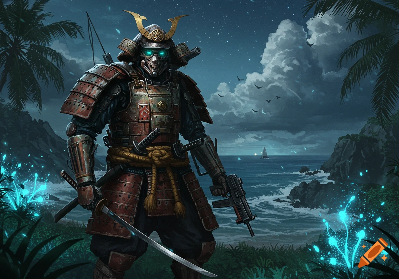A samurai mech soldier with glowing eyes stands on a tropical beach at night, holding a sword and a gun.