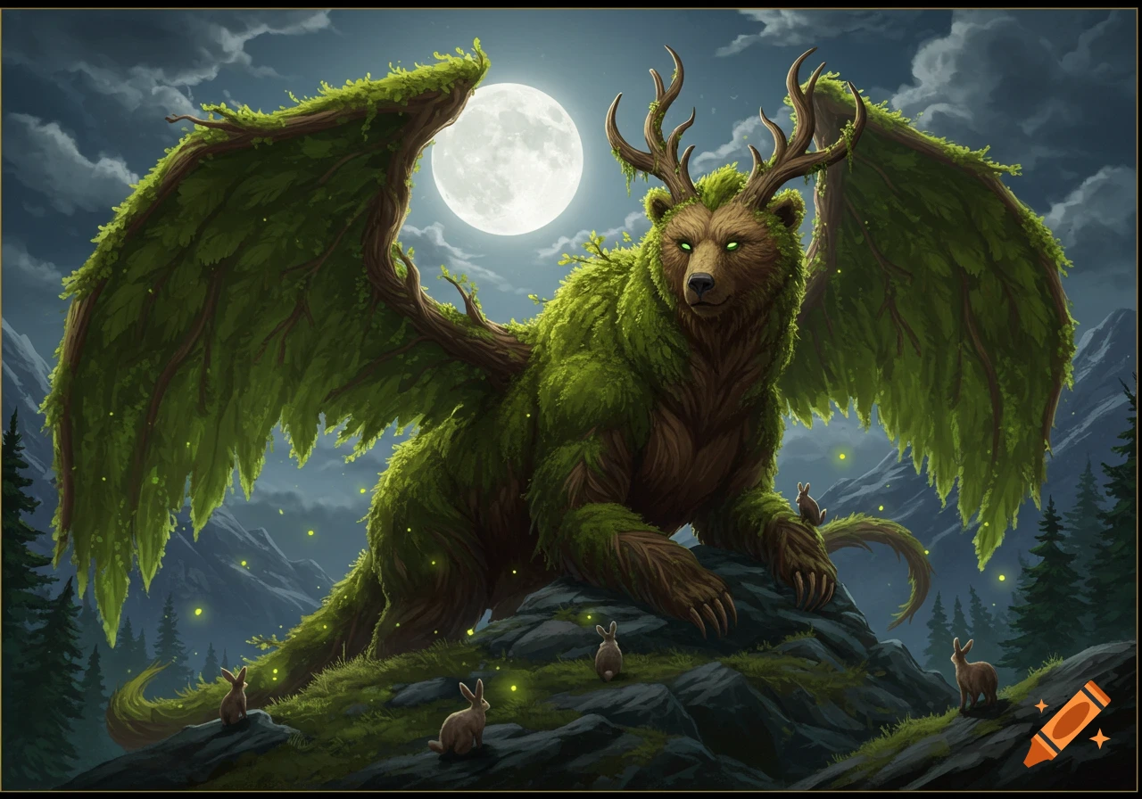 A majestic moss and wood bear-like creature with antlers and leafy wings stands on a rock under a full moon, surrounded by small rabbits in a nighttime mountain forest.
