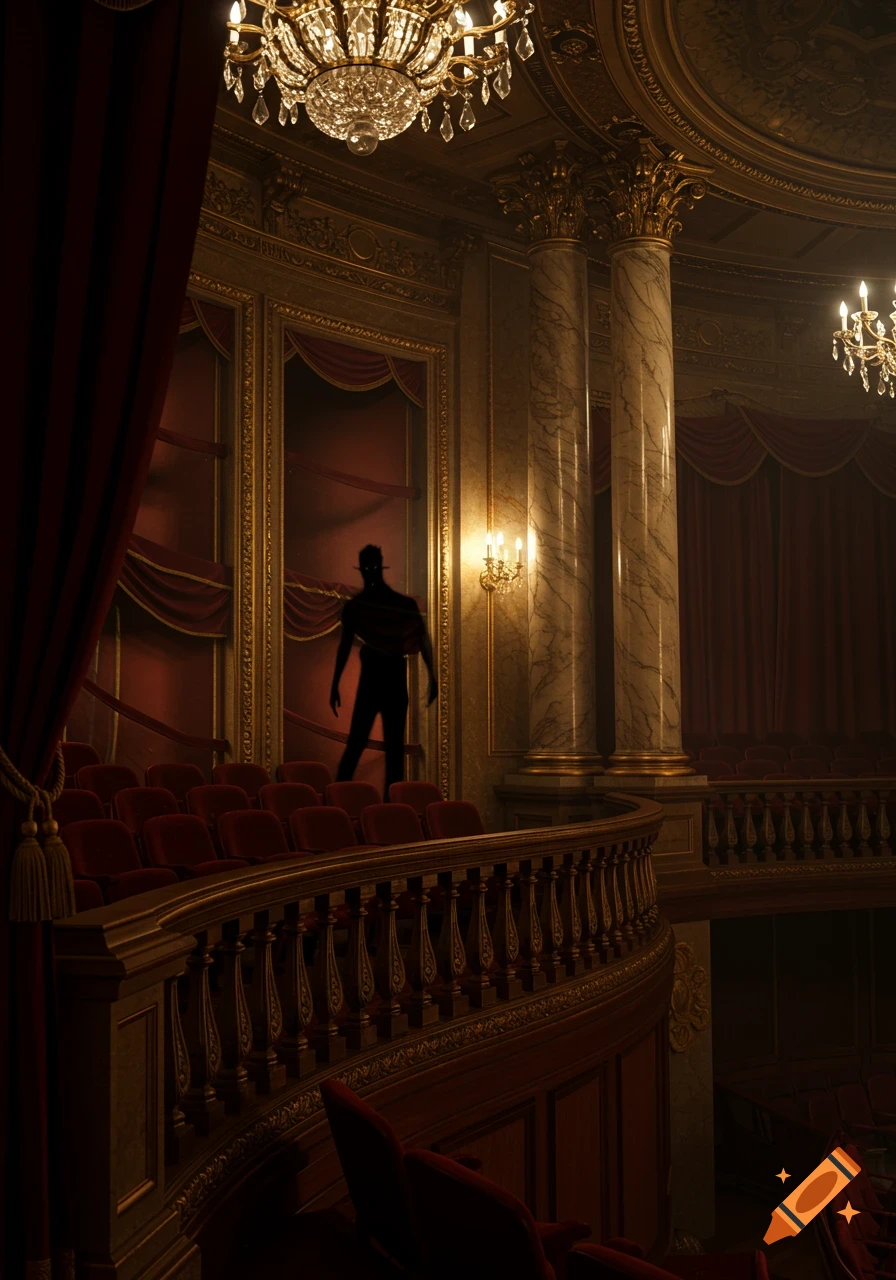 A dimly lit, ornate opera house interior with red seats, a gilded balustrade, and a tall, sinister shadow figure standing in a box.