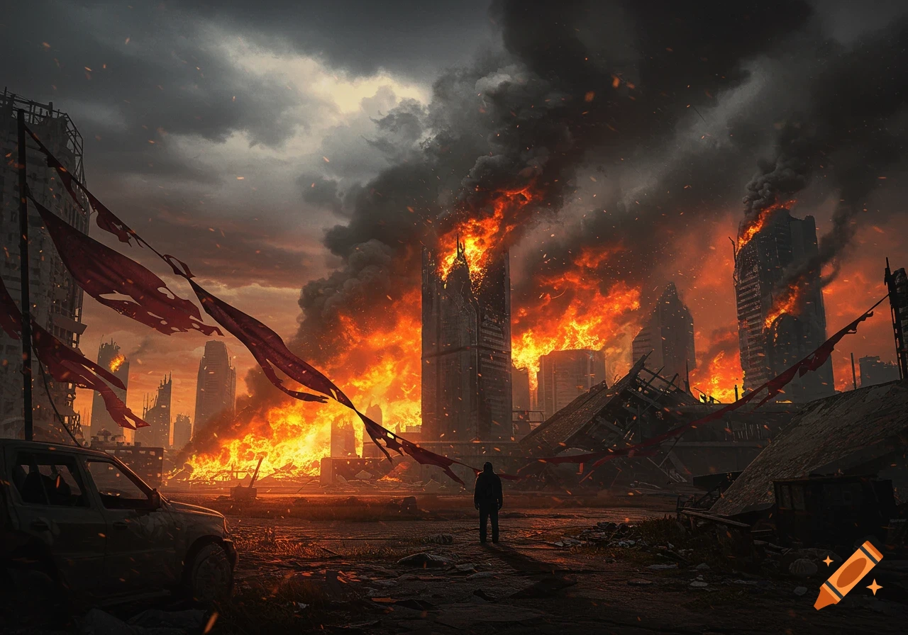 Photorealistic image of a desolate, burning city under a stormy sky, with a lone figure standing amidst the destruction and rubble.