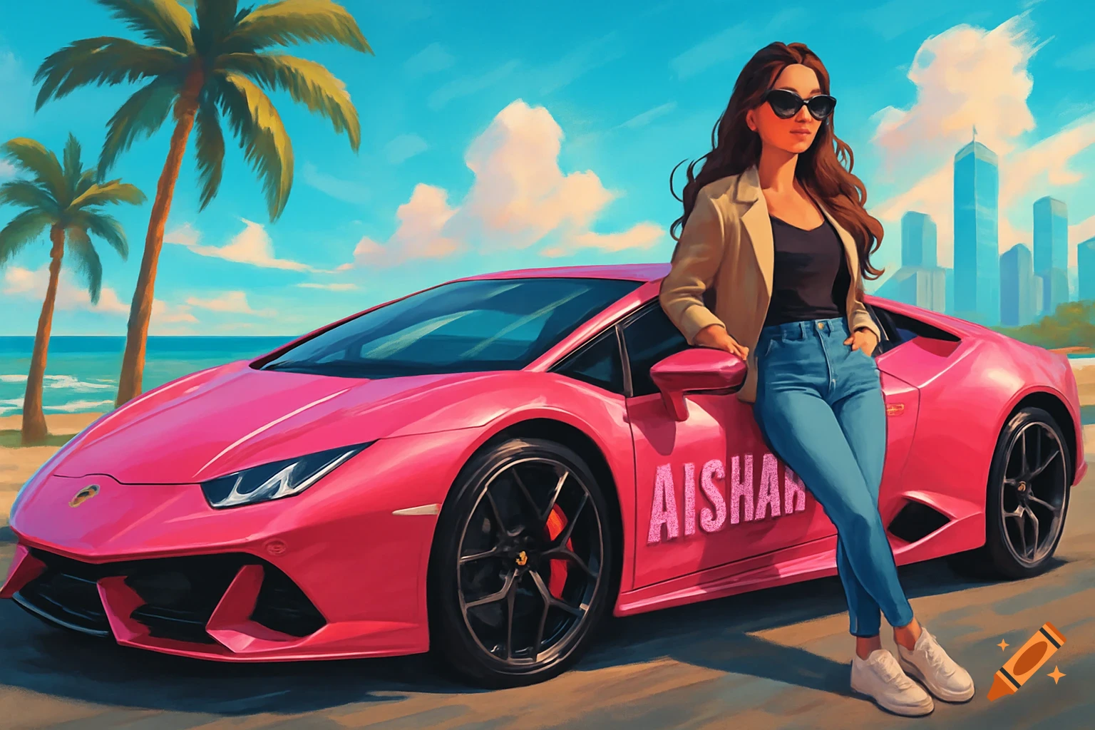 A woman in sunglasses leans on a pink Lamborghini with 'AISHAH' on its side, parked by a beach with palm trees and a city skyline, digital art.
