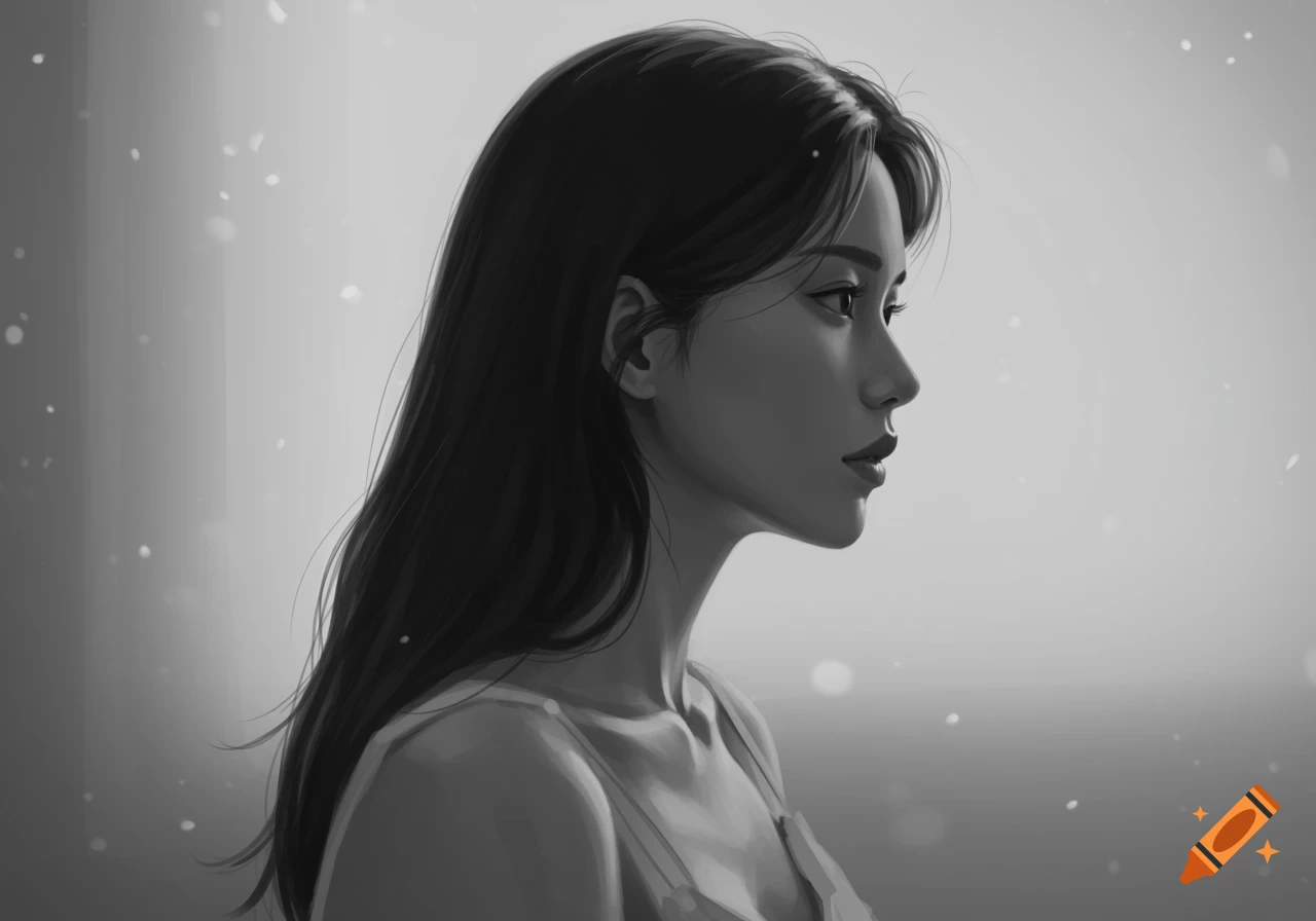 Black and white digital painting profile portrait of a woman with long dark hair.