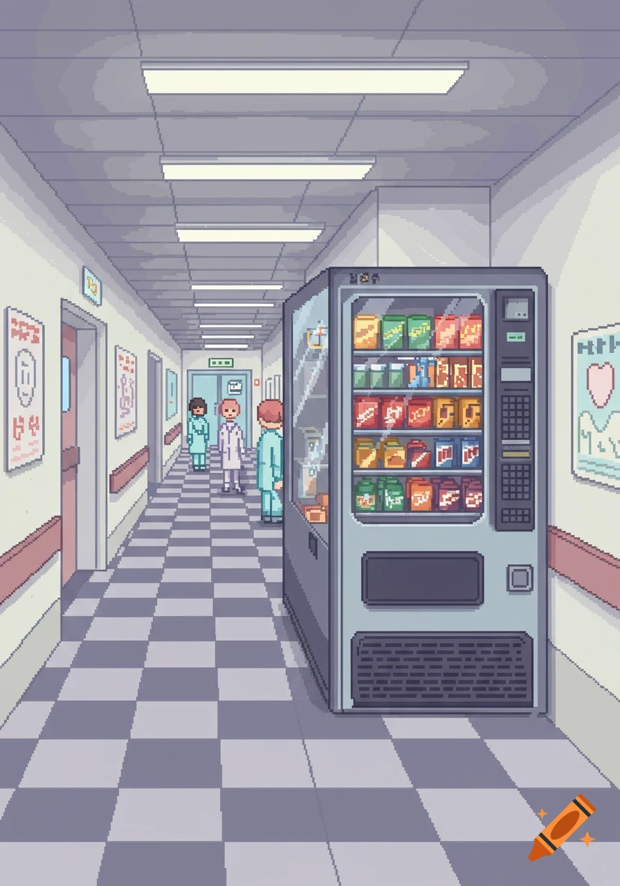 Pixel art of a hospital hallway with a vending machine filled with snacks and drinks, and two doctors walking down the hall.