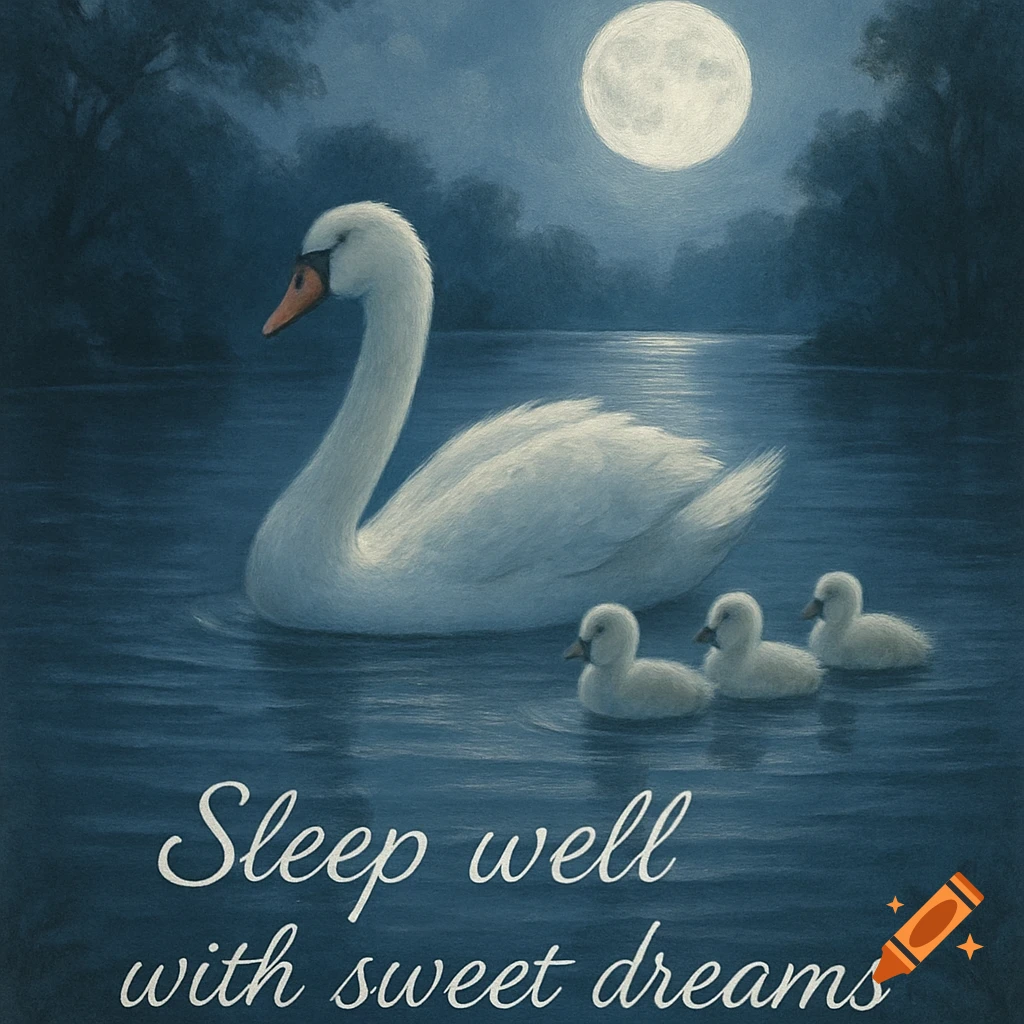A white swan swims on a dark, moonlit lake, followed by three small cygnets. The full moon reflects on the water. Text reads "Sleep well with sweet dreams".