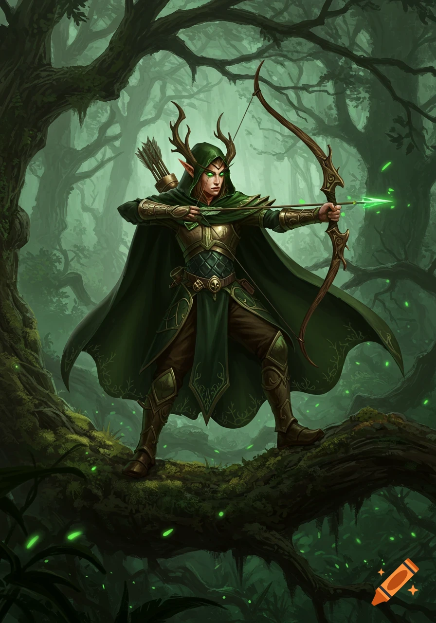 A cloaked wood elf archer with glowing green eyes and antler-like horns, aiming a bow with a glowing arrow in a mystical green forest.