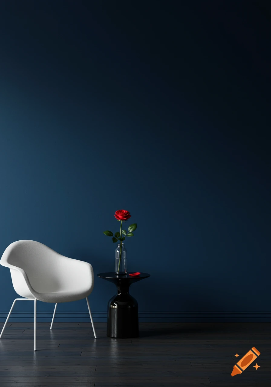 A white modern chair and a black side table with a red rose in a vase against a navy blue wall on dark wood floors. Photorealistic.