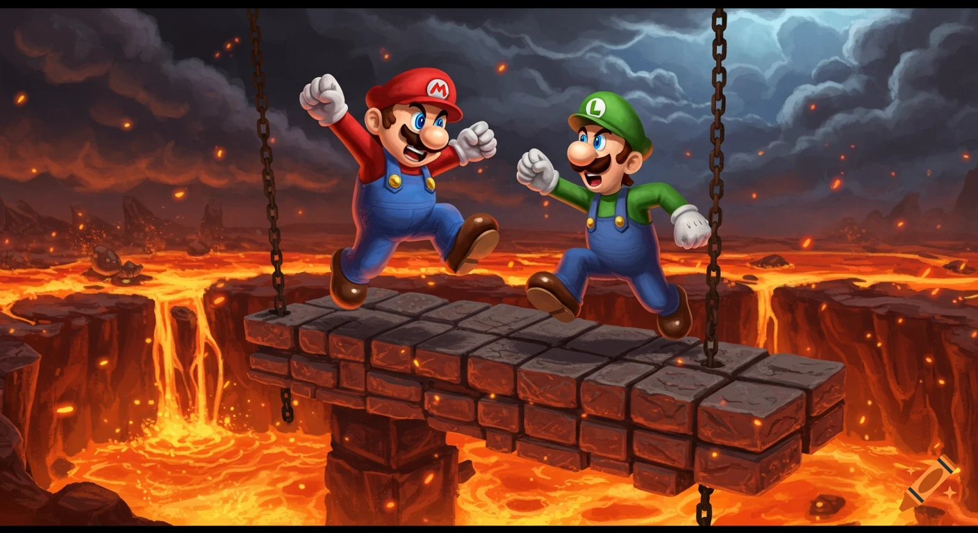 Mario and Luigi jump across a stone bridge over glowing lava in a dark, fiery landscape under a cloudy sky.