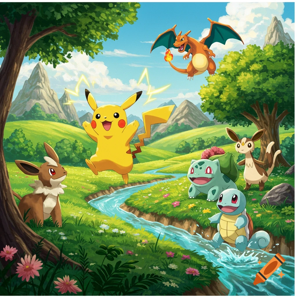 Vibrant illustration of Pikachu, Charizard, Eevee, Bulbasaur, and Squirtle playing in a lush, green landscape with a stream and mountains.