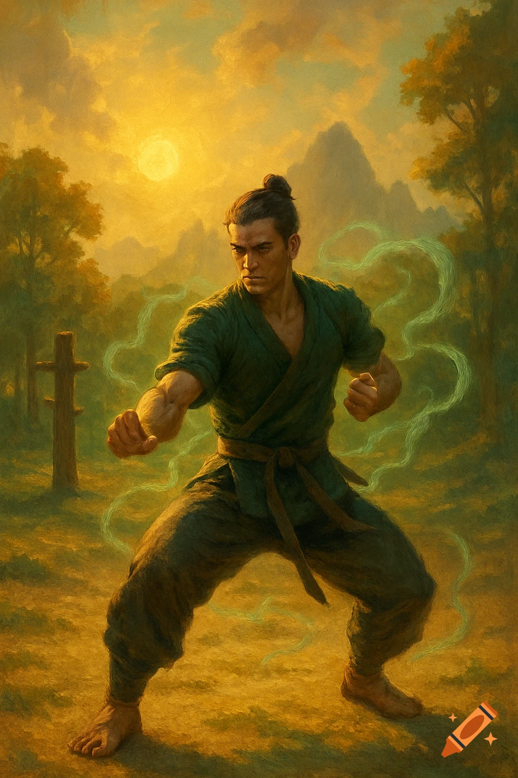 Man in green uniform in martial arts pose with green energy, sunset forest background, painterly style.