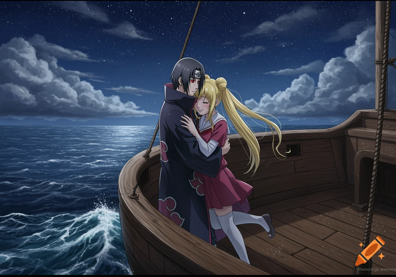 An anime couple, a man in a dark coat and a woman with long blonde hair, hug on a wooden ship at night under a starry sky.