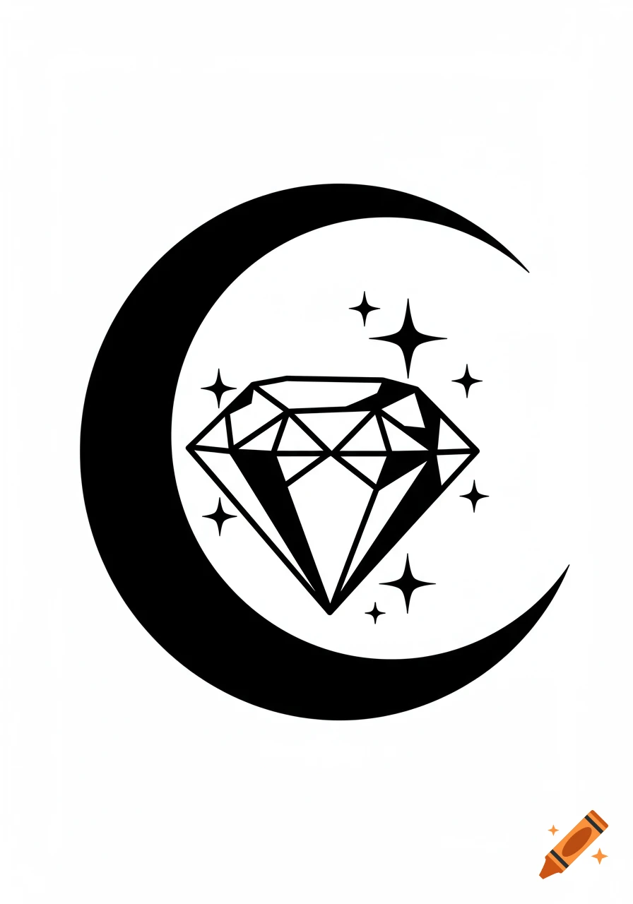 Black and white clip art of a crescent moon, a diamond, and stars.