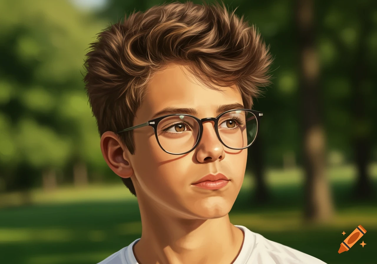 A close-up portrait of a young boy with fluffy brown hair and glasses, looking upward, against a blurred green background.