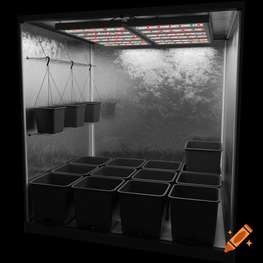 An empty grow tent with reflective mylar walls, a bright LED grow light on the ceiling, and several black pots on the floor and three hanging on a shelf.