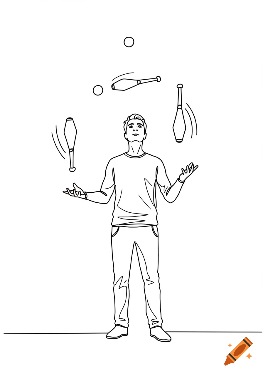A black and white line drawing of a man juggling two clubs and two circles, looking up with arms outstretched.