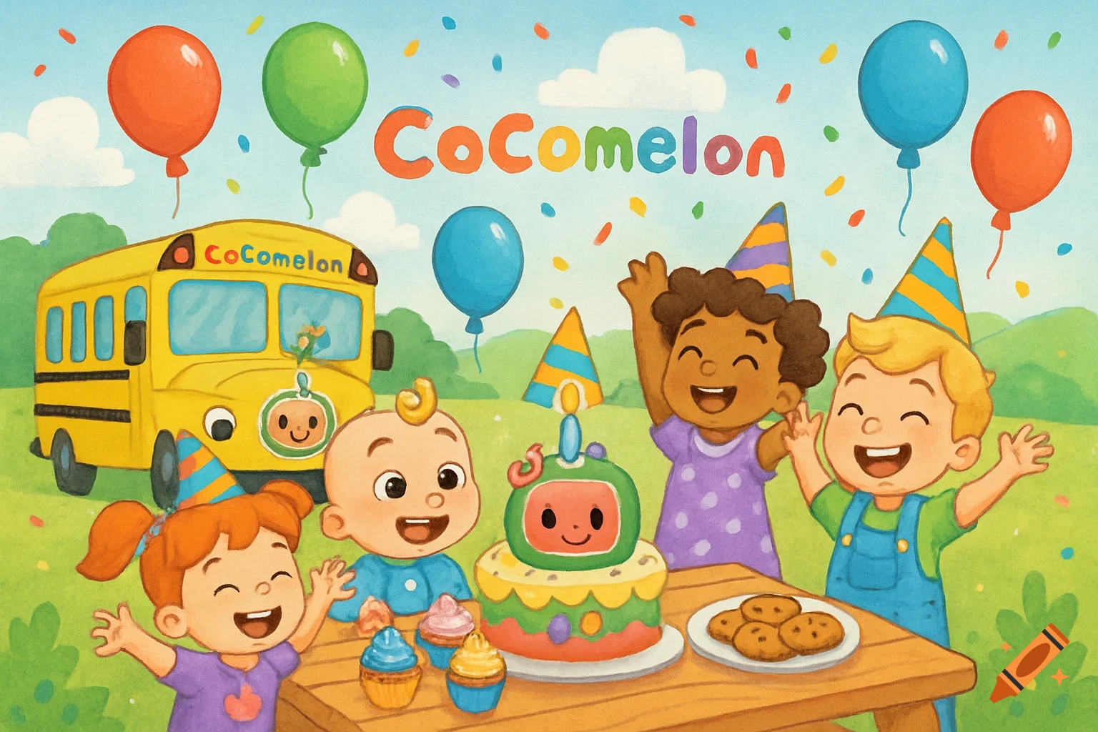 Colorful cartoon illustration of Cocomelon characters and children celebrating a birthday with balloons, cake, and the Cocomelon bus.