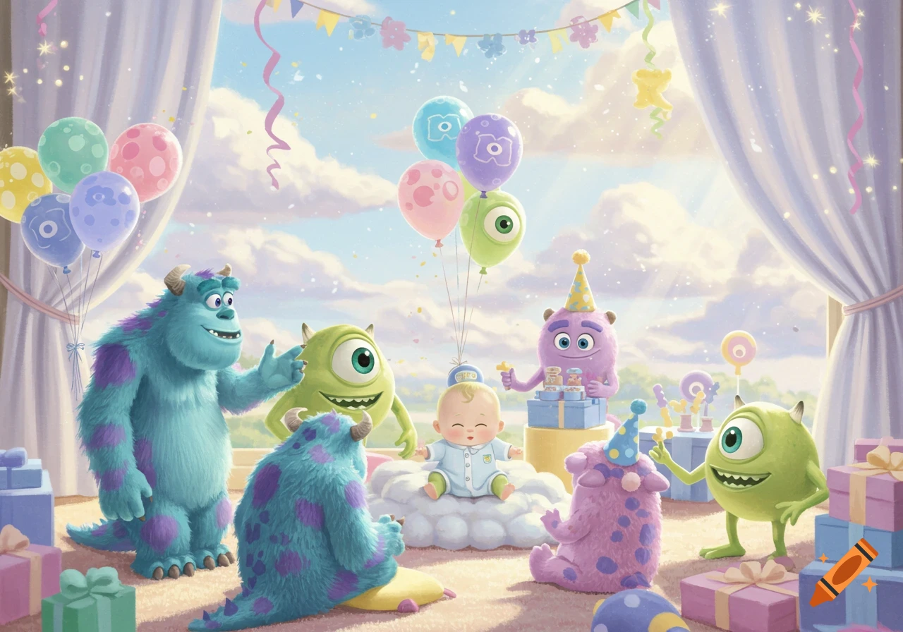 Monsters Inc characters Sully and Mike at a pastel baby shower with a baby, gifts, and balloons.