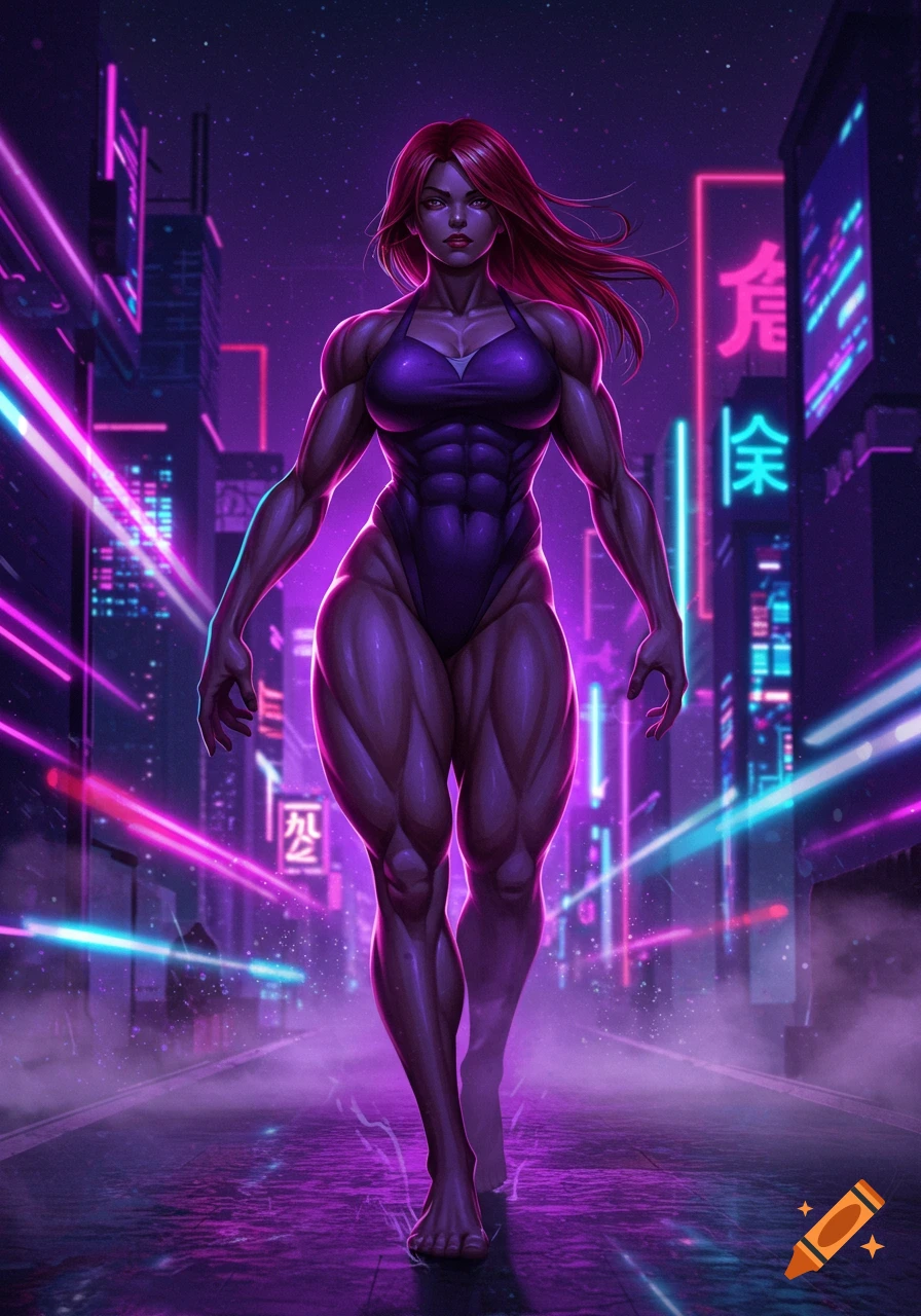 A muscular woman in a purple bodysuit walks down a neon-lit cyberpunk city street, in an anime art style.