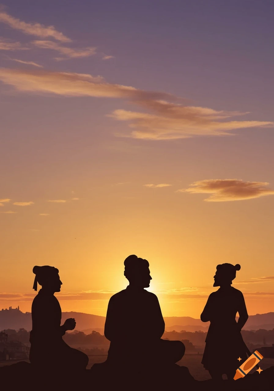 Silhouettes of Tukaram, Dnyaneshwar, and Shivaji Maharaj against a vibrant sunset over a subtle landscape.