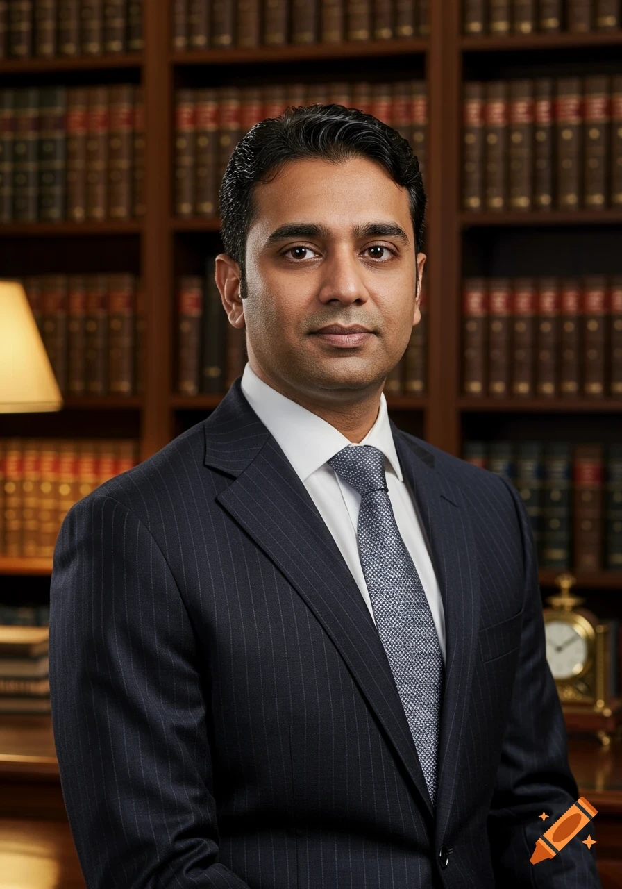 A man in a navy pinstripe suit stands in front of a bookshelf, looking at the camera.