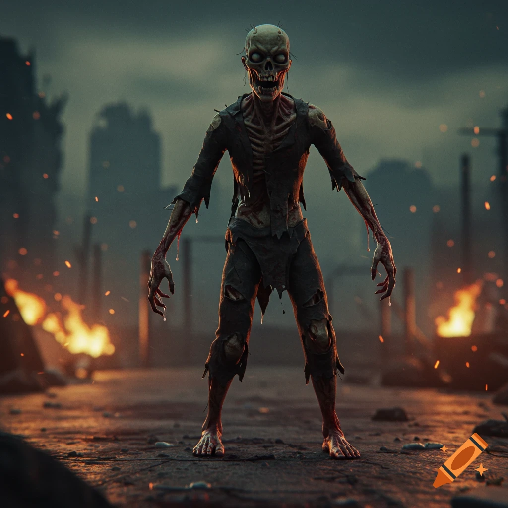 A scary zombie stands in a ruined, fiery cityscape under a dark sky, depicted in a 3D animated style.