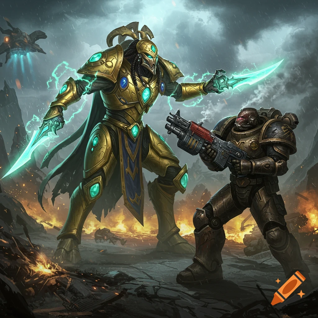 A towering golden-armored warrior with glowing blades clashes with a bulky Space Marine on a storm-lit alien battlefield, hyper-detailed sci-fi concept art.