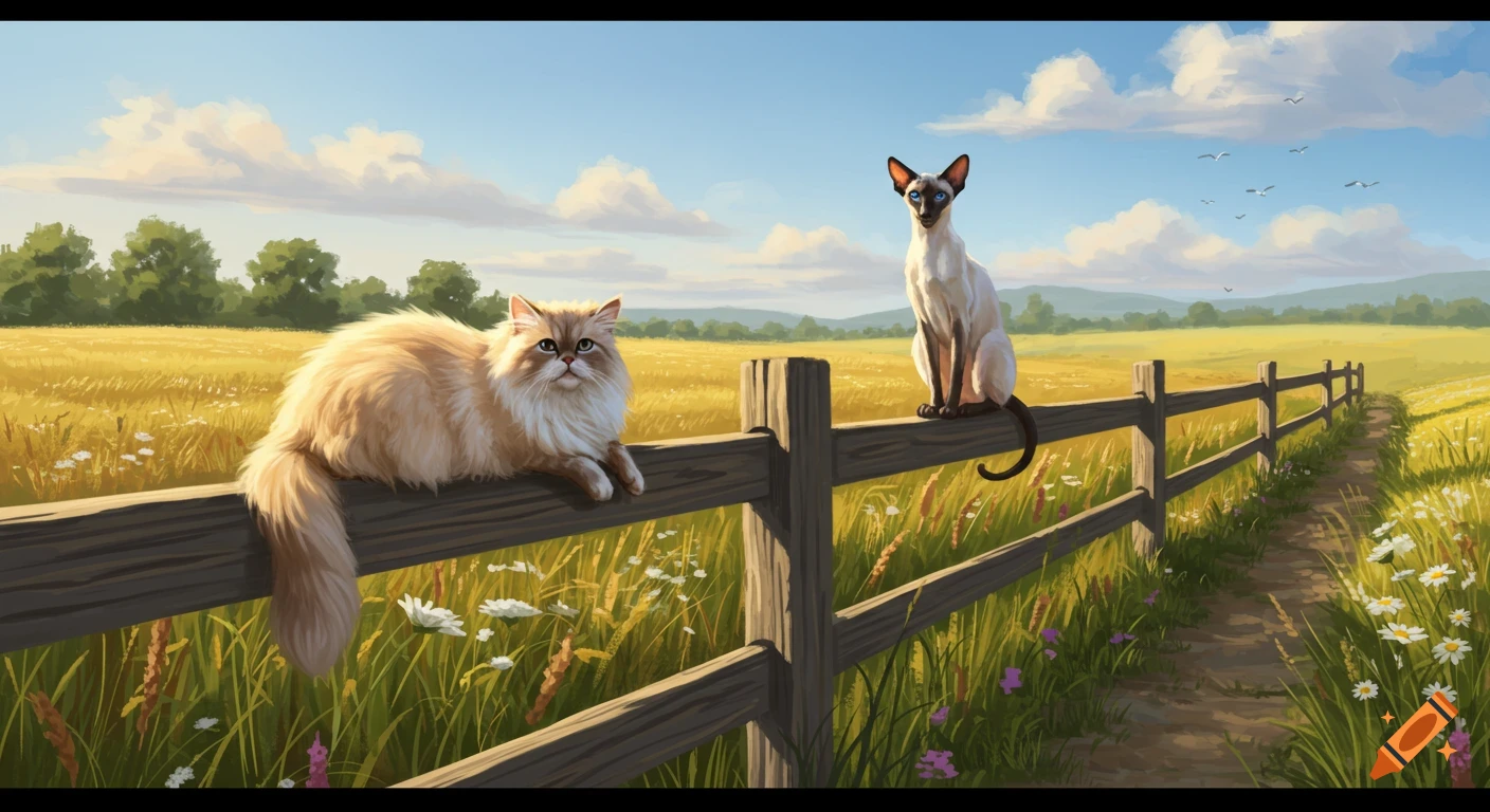 A fluffy light brown cat and a Siamese cat sit on a wooden fence in a sunny golden field with a path, under a blue sky with clouds. Painted style.