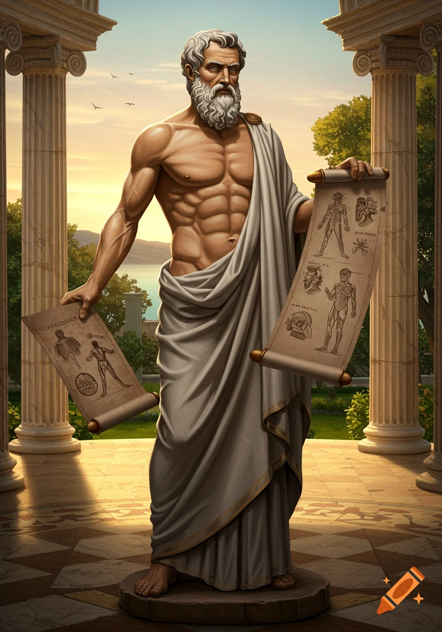 A muscular ancient Greek philosopher, resembling Hippocrates, stands in a toga holding two scrolls with anatomical diagrams.