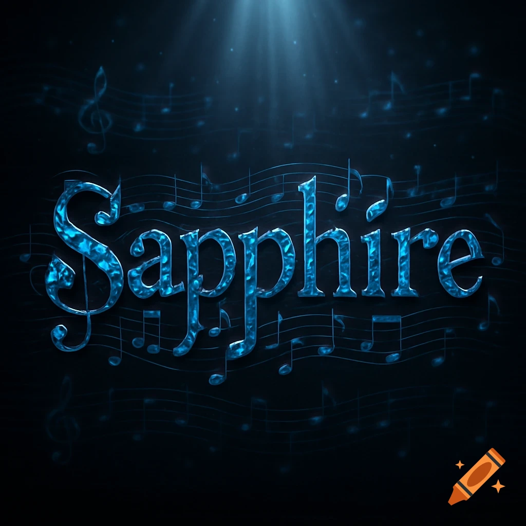 The word Sapphire in shiny blue metallic text, set against a dark background with faint musical notes and illuminated by a spotlight.