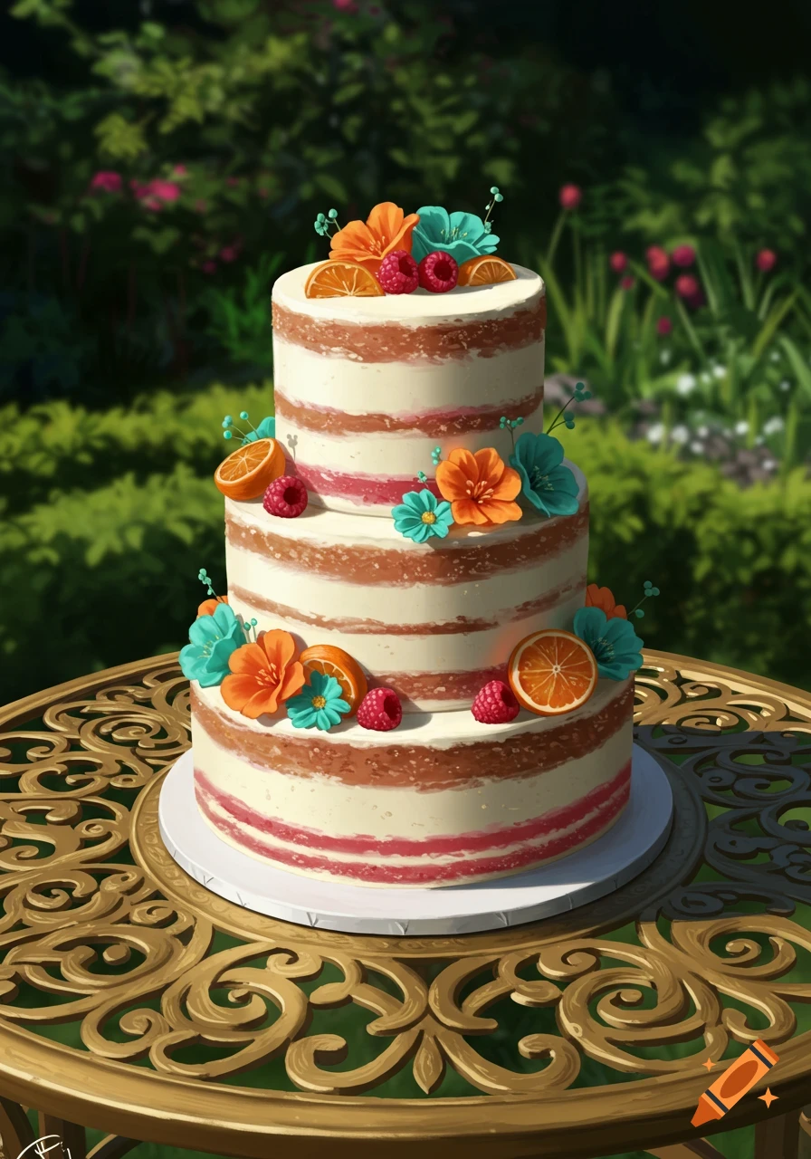 A three-tiered naked cake with white frosting, orange slices, raspberries, and orange and teal flowers, sits on an ornate golden table in a lush garden setting.